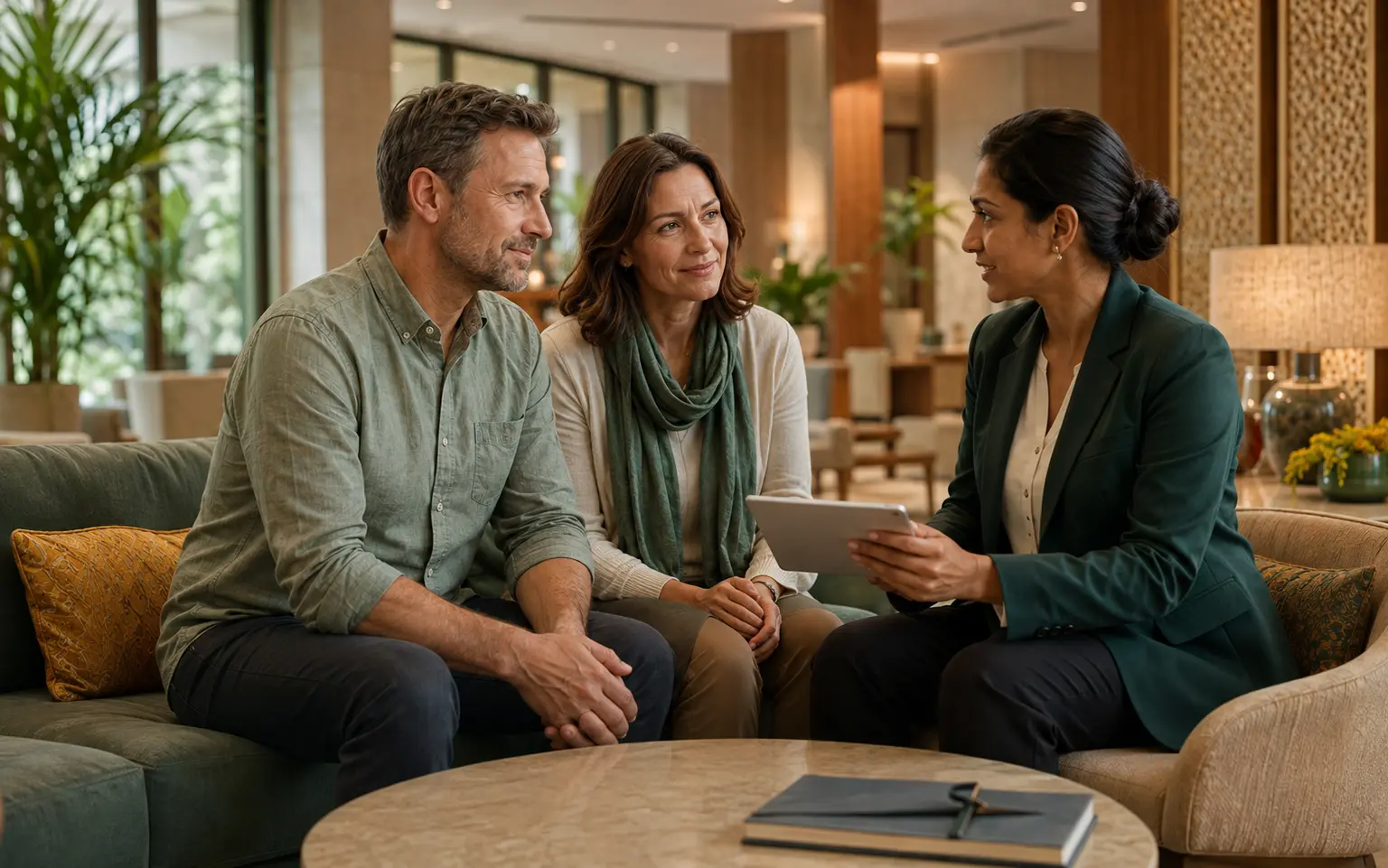 An international patient couple discussing their treatment journey with a CureYatra care coordinator