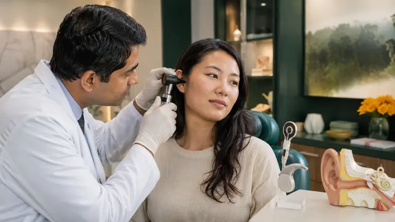 ENT specialist conducting an ear examination in a modern clinic