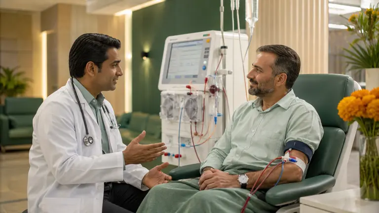 Nephrologist speaking with a patient beside a dialysis machine