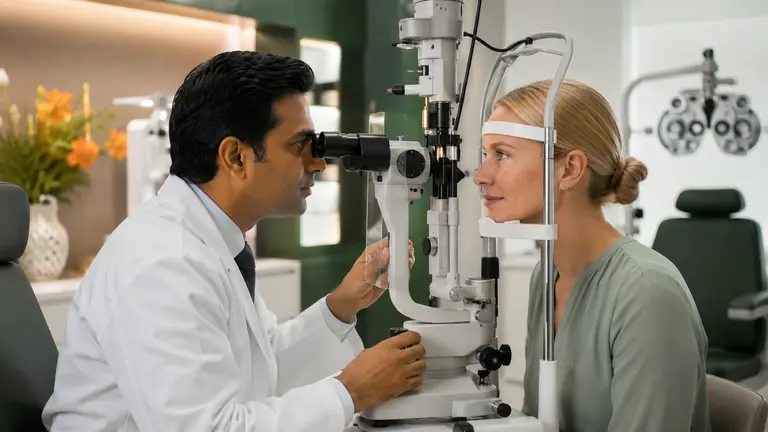 Ophthalmologist examining a patient with a slit lamp