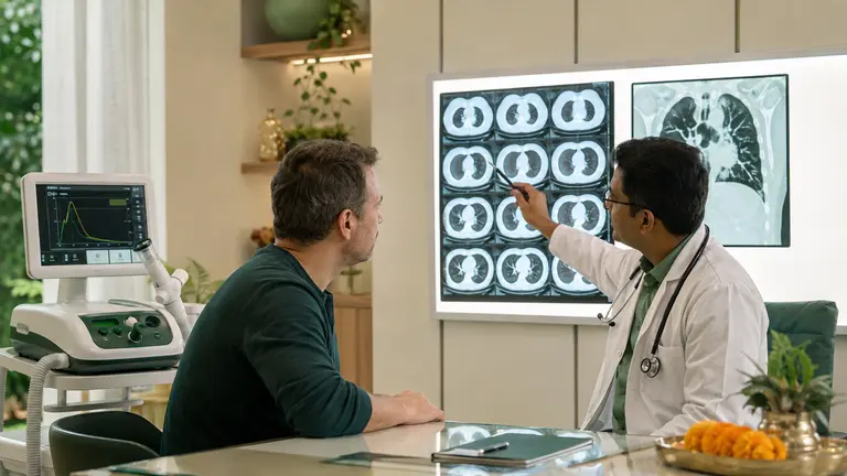 Respiratory physician reviewing lung imaging with a patient