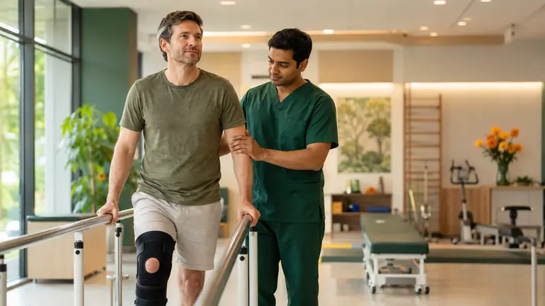 Physiotherapist guiding a patient through mobility rehabilitation