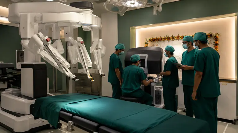 Modern surgical robot in a prepared operating theatre