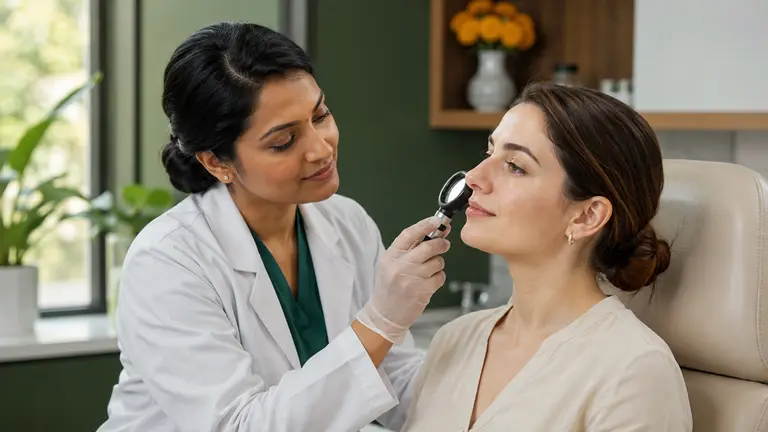 Dermatologist examining a patient’s skin with a dermatoscope