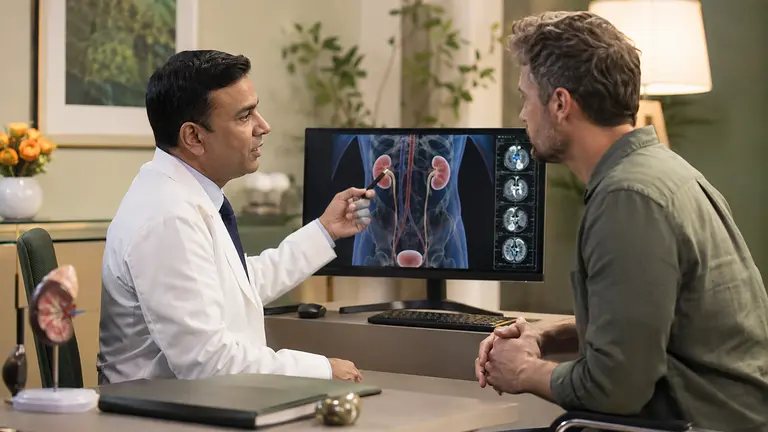 Urologist explaining kidney and urinary-system imaging to a patient