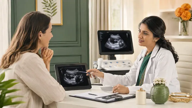 Gynaecologist discussing an ultrasound with an international patient